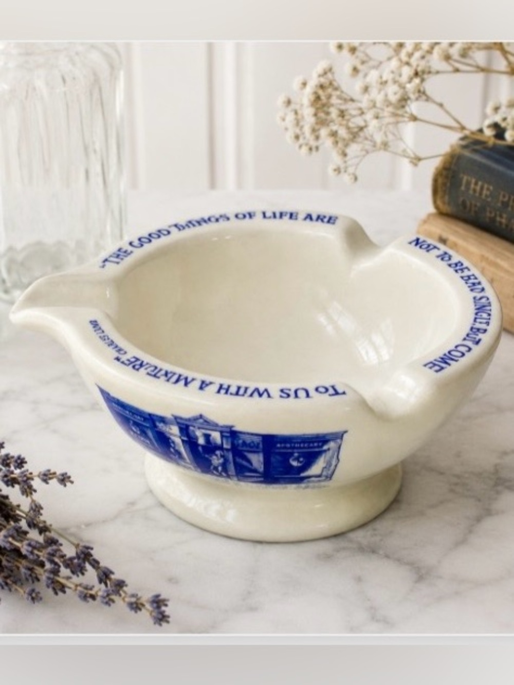 VTG Apothecary Ceramic Ashtray Blue &  White Pharmacy Advertising C. Lamb Quote